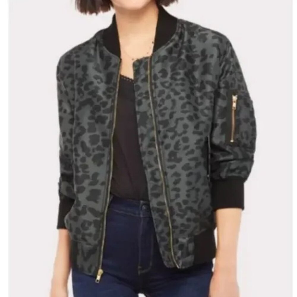 CHRLDR Women's Satin Green Leopard Print Zip Up Bommer Jacket, Size Medium